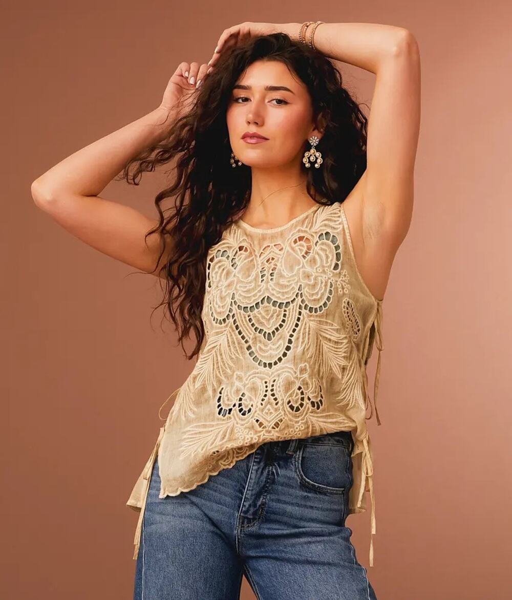 GIMMICKS Birch Tan Embroidery Lace Side Tie Boho Western Tank Top sz Large NEW
